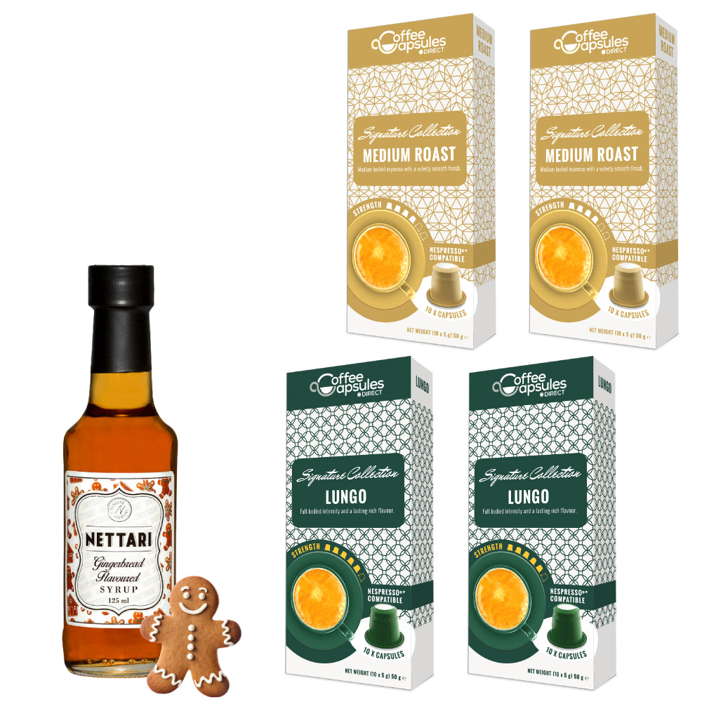 Festive Coffee & Gingerbread Syrup Bundle 40 Nespresso compatible co Coffee Capsules Direct