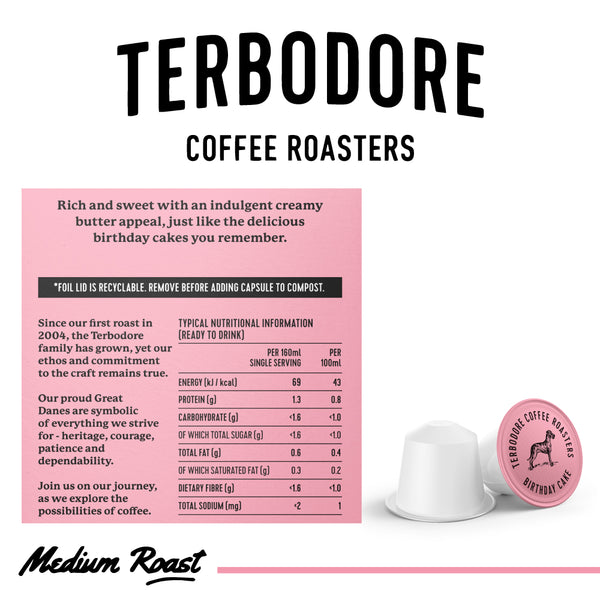 Terbodore Birthday Cake - 10 Compostable Nespresso Compatible Coffee Capsules