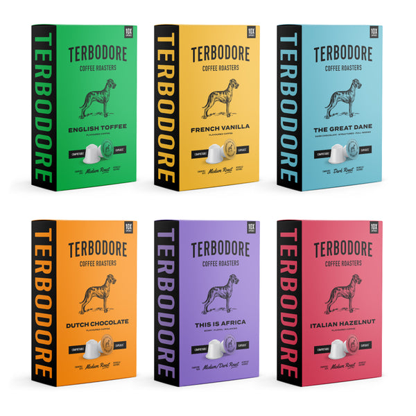 Terbodore Full Range Variety - 60 Compostable Nespresso compatible coffee capsules