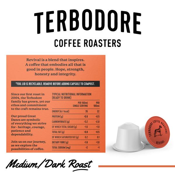 Terbodore Revival – 10 Compostable Nespresso compatible coffee capsules