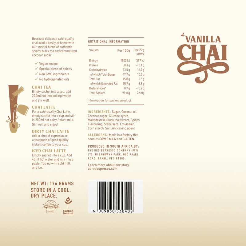 red espresso - Instant Vanilla Chai Latte Sachets Vegan friendly 8 x 22g