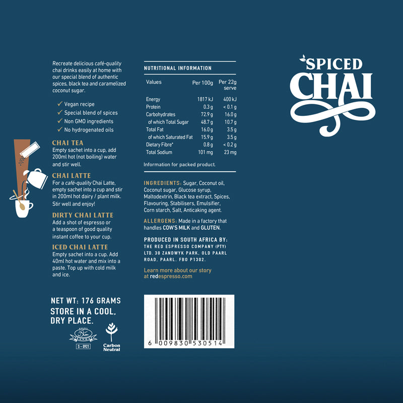 red espresso - Instant Spiced Chai Latte Sachets Vegan friendly 8 x 22g