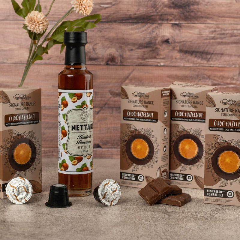 Choc Hazelnut Coffee & Syrup Bundle - 40 Nespresso compatible coffee capsules