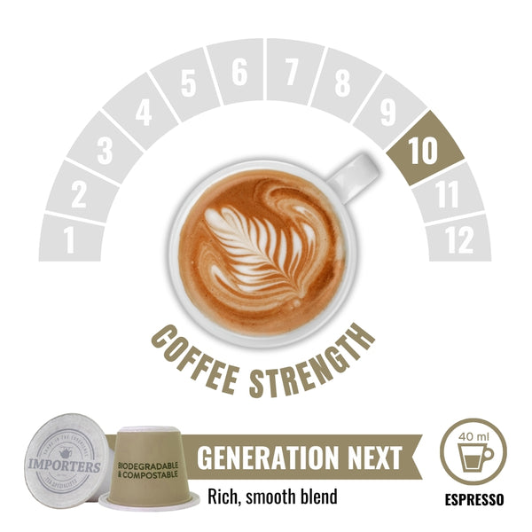 Importers Generation Next Blend – 10 Biodegradable Nespresso compatible coffee capsules