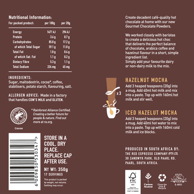 red espresso - Hazelnut Mocha Gourmet Hot Chocolate 350g Tin