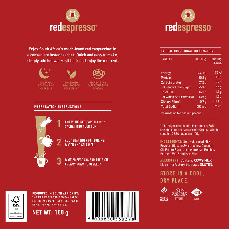 red espresso - Instant Red Cappuccino Reduced Sugar Sachets 10 x 11g