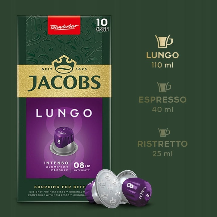 Jacobs Lungo 8 Intenso - 10 Aluminium Nespresso compatible coffee capsules