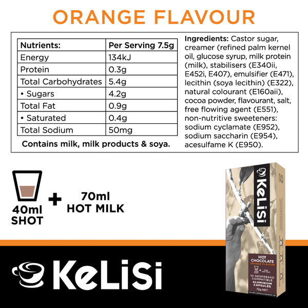 Kelisi Orange Hot Chocolate - 10 Aluminium Nespresso compatible capsules