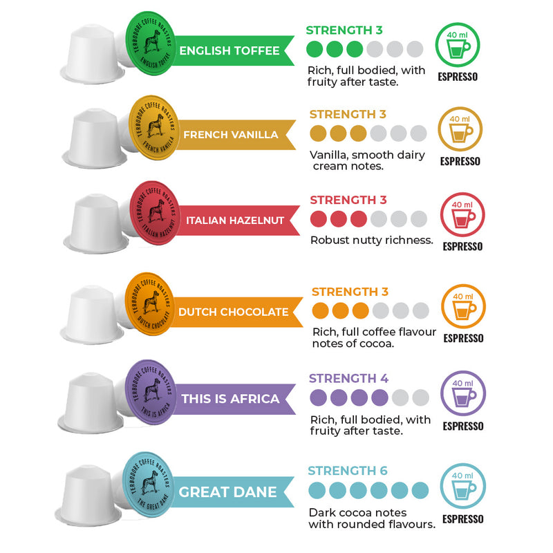 Terbodore Full Range Variety - 60 Compostable Nespresso compatible coffee capsules