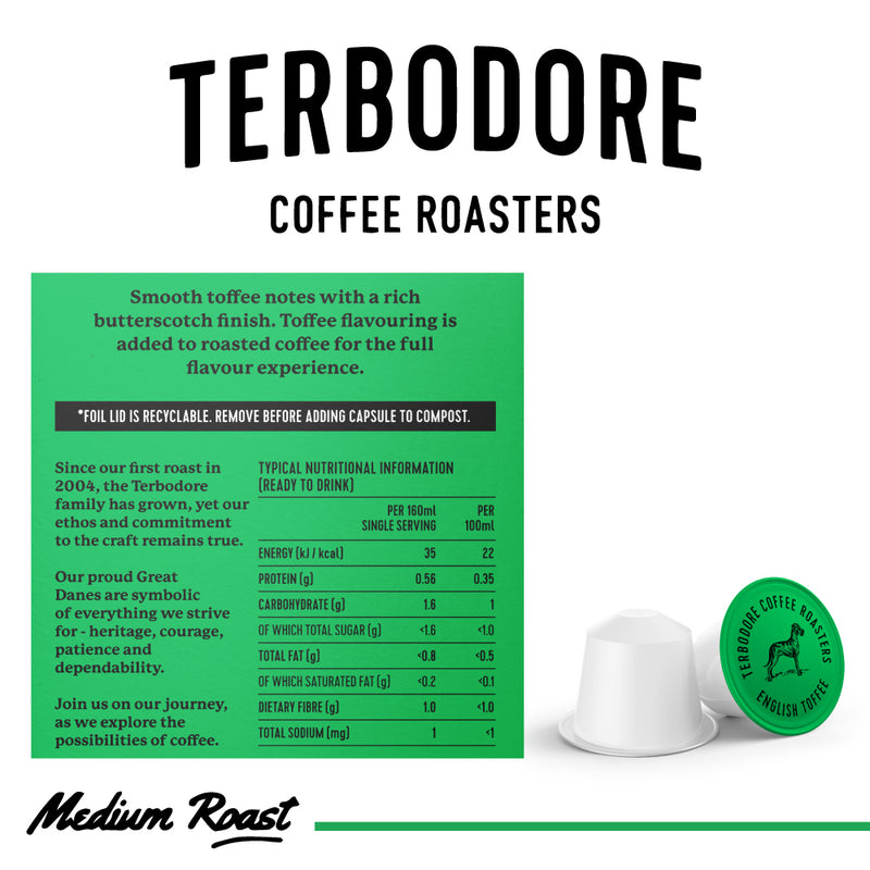 Terbodore English Toffee – 10 Compostable Nespresso compatible coffee capsules