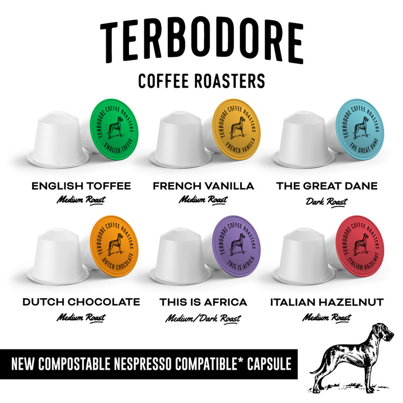 Terbodore Full Range Variety - 60 Compostable Nespresso compatible coffee capsules