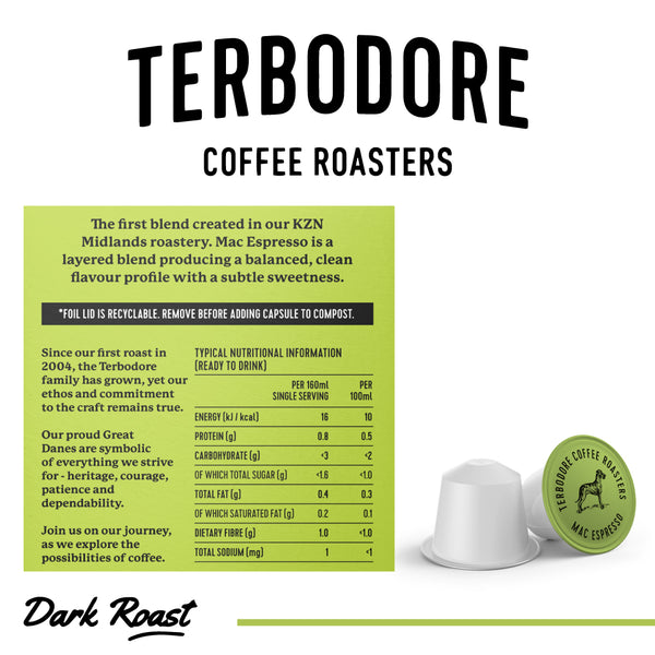 Terbodore Mac Espresso – 10 Compostable Nespresso compatible coffee capsules